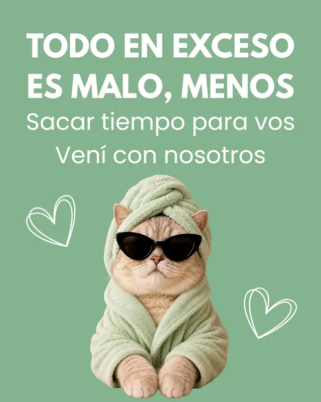 Publicación: todo en exceso es malo, menos sacar tiempo para vos. Vení con nosotros, con un gato en bata y anteojos de sol