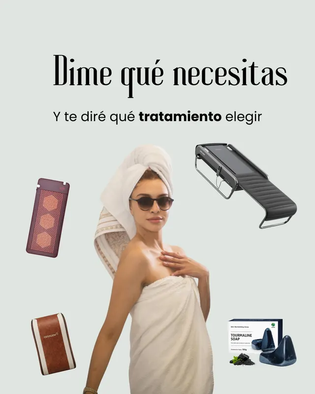 Publicación: dime qué necesitas y te diré qué tratamiento elegir, con productos de tratamiento alrededor de una mujer en toalla