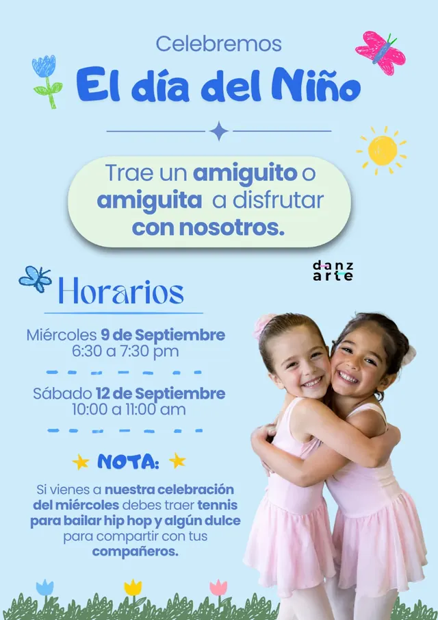 Afiche de Danzarte para celebrar el Día del Niño, con horarios del 9 y 12 de septiembre