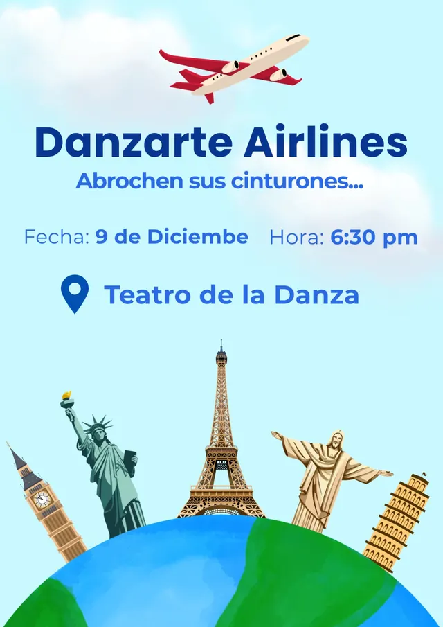 Afiche de Danzarte Airlines en el Teatro de la Danza, 9 de diciembre a las 6:30 p. m.