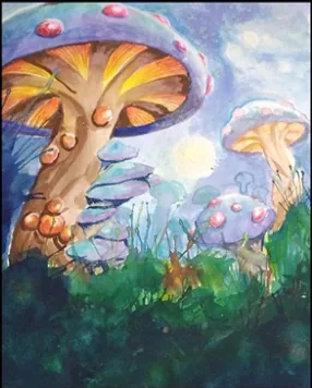 Acuarela de hongos gigantes iluminados en un bosque