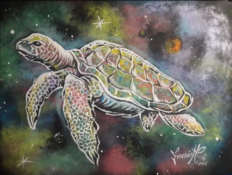 Acuarela de una tortuga marina sobre un fondo de galaxia