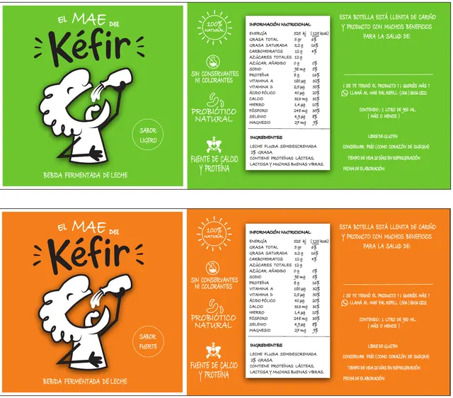 Etiquetas verde y naranja de la bebida El Mae del Kéfir con su información nutricional
