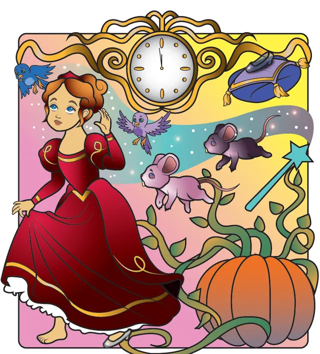 Ilustración digital de una princesa con vestido rojo, una calabaza y un reloj de medianoche
