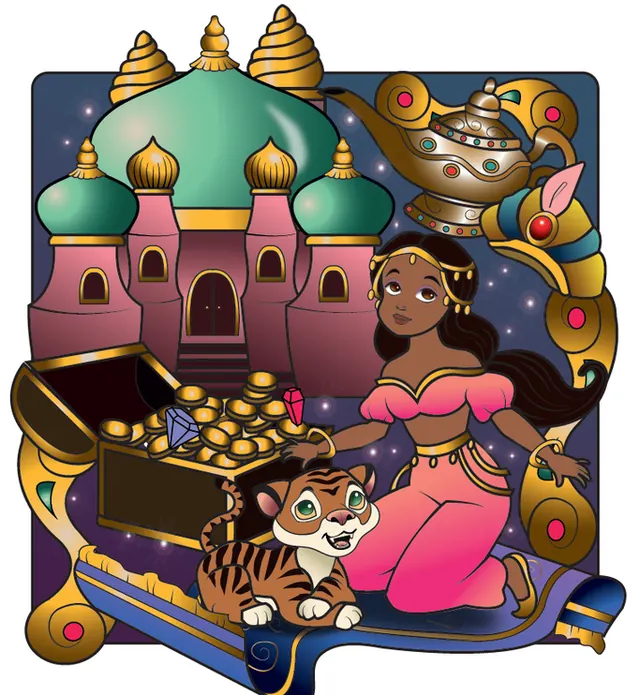 Ilustración digital de una princesa con un tigre, un cofre de tesoros y un palacio de cúpulas