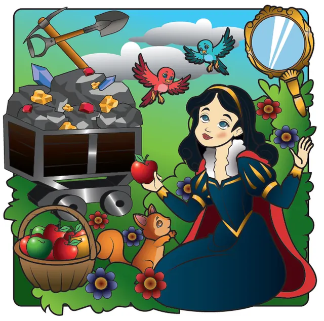 Ilustración digital de una princesa con una manzana, una carreta de mina y un espejo