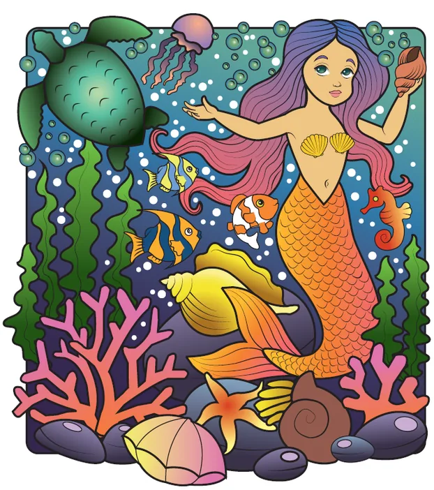 Ilustración digital de una sirena entre corales, peces y una tortuga marina