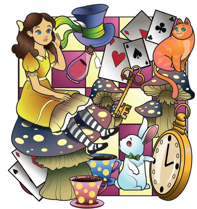 Ilustración digital de una niña entre hongos, naipes, un conejo blanco y un reloj