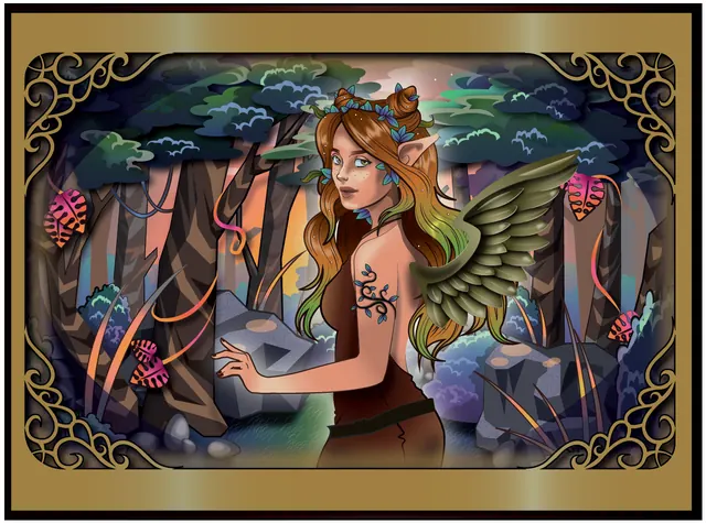 Ilustración digital de un hada alada en un bosque, con marco dorado