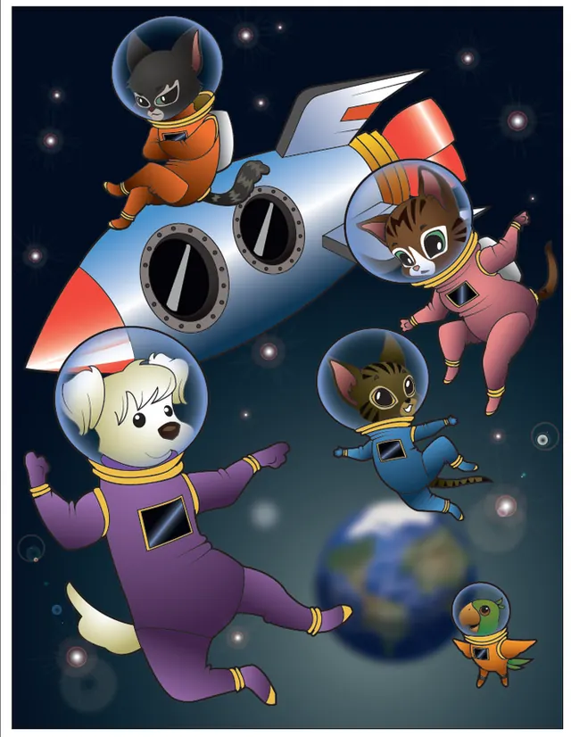 Ilustración digital de gatos y un perro astronautas flotando junto a un cohete