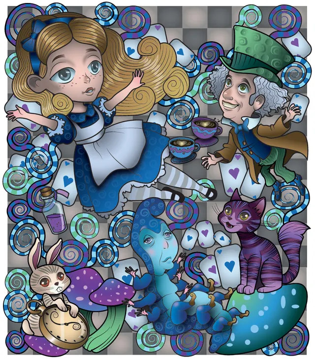 Ilustración digital de Alicia, el Sombrerero y el gato de Cheshire entre espirales