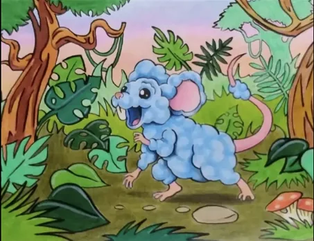 Ilustración a mano de un ratón con pelaje de nube en la selva