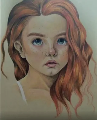 Retrato a mano de una niña pelirroja de ojos azules