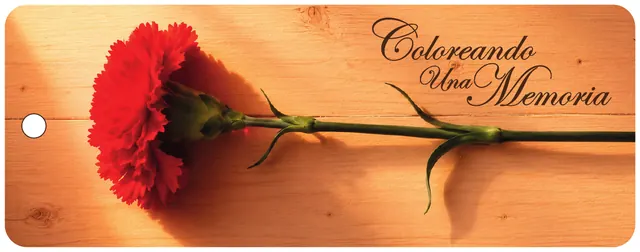 Separador de libros con un clavel rojo sobre madera y el texto Coloreando una memoria