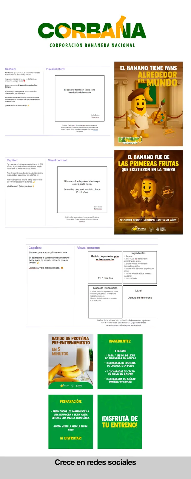 Tablero de contenido para CORBANA: textos, ideas visuales y piezas finales sobre datos del banano y una receta de batido de proteína