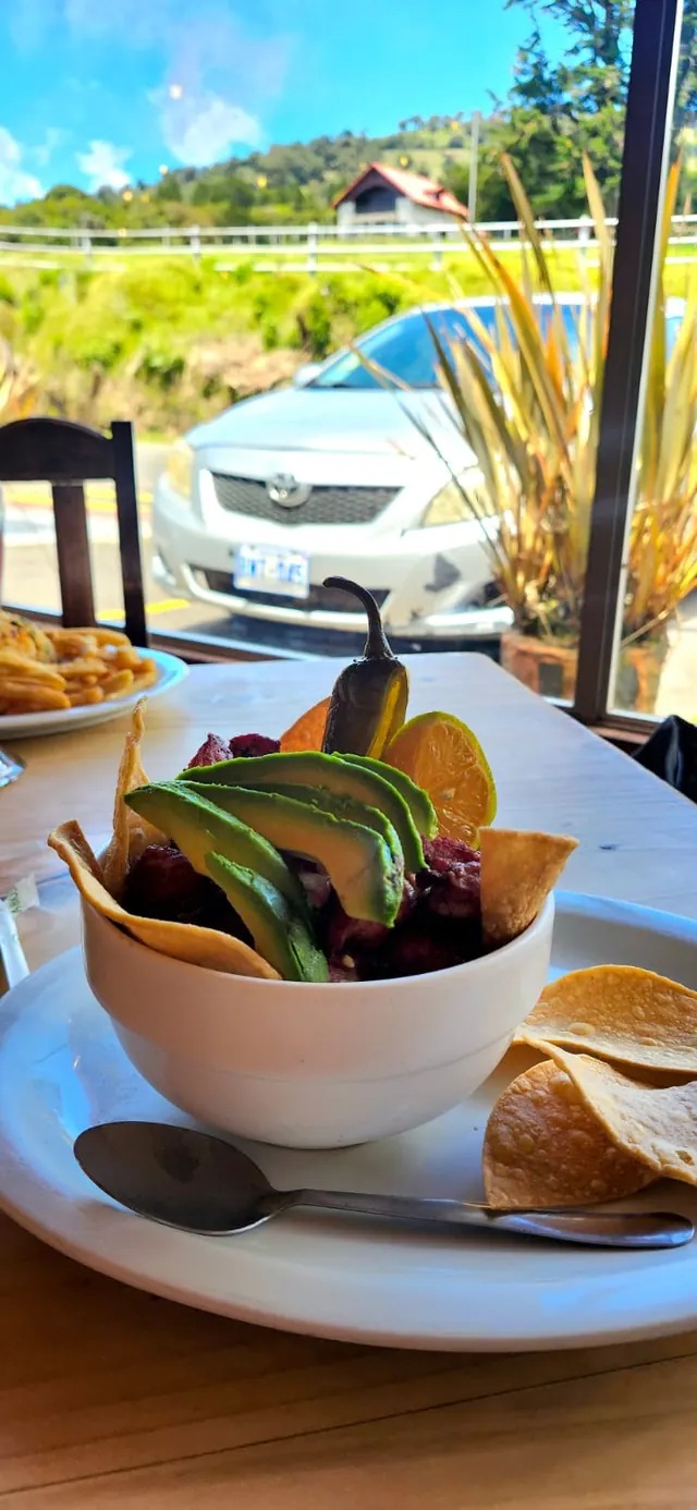 Ceviche en un tazón con vista a las montañas