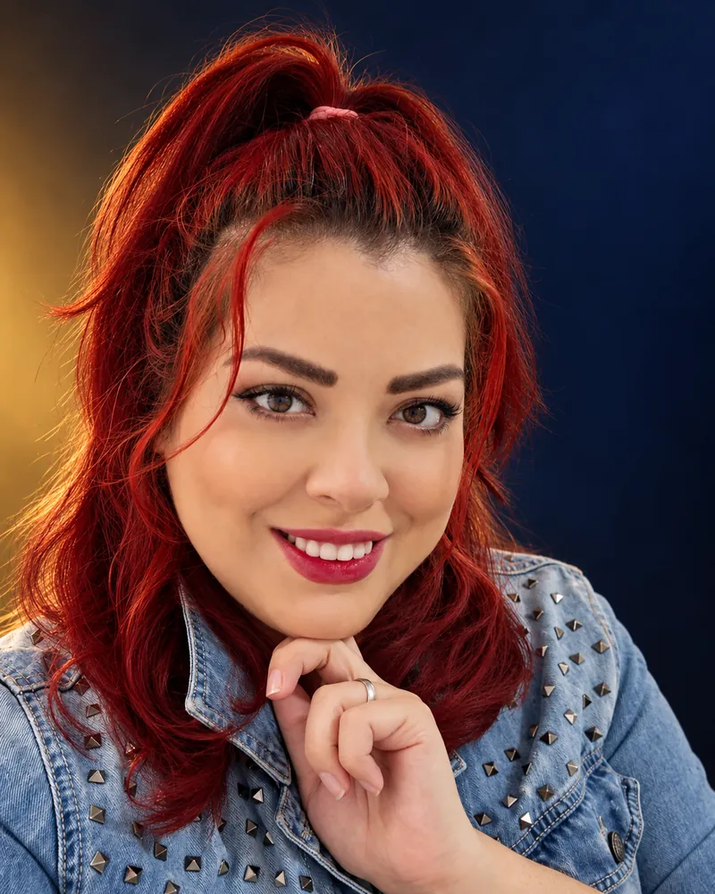 Retrato de estudio de Ivannia M. Casafont sonriendo, con chaqueta de mezclilla